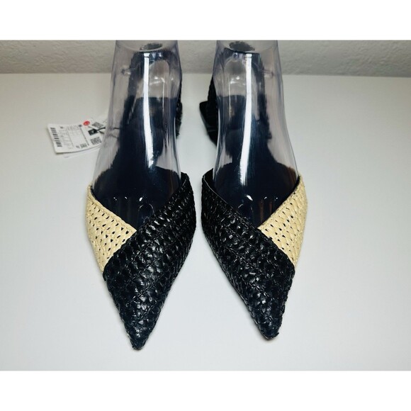 ZARA Woven Rafia Pointed Toe Black Tan Slingback Flat‎ Sandal Women US 7.5 NEW - Picture 5 of 12